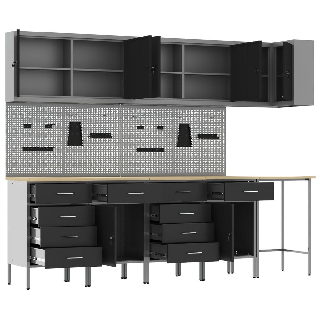 vidaXL 12 Piece Work Cabinet and Pegboard Set Black MDF and Metal