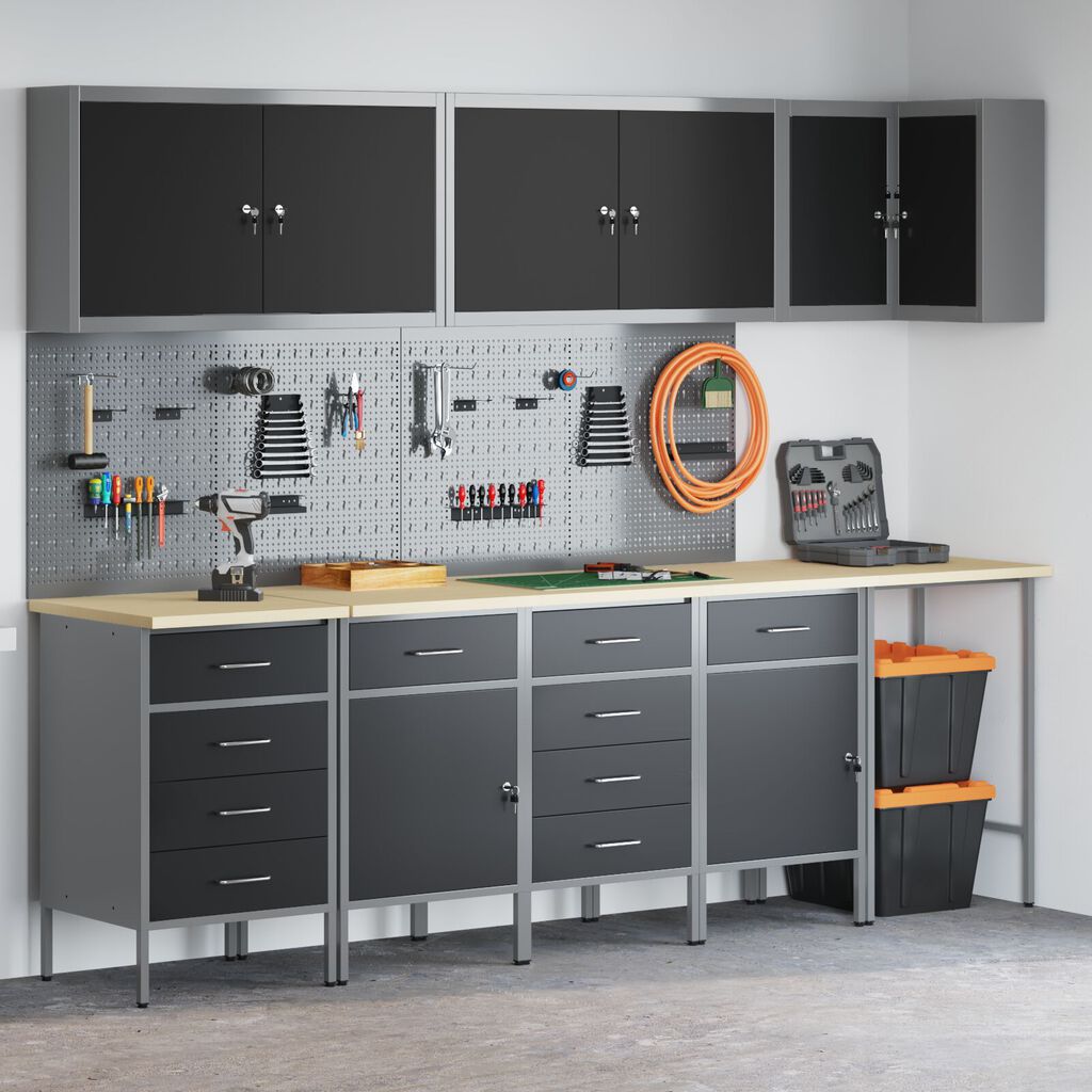 vidaXL 12 Piece Work Cabinet and Pegboard Set Black MDF and Metal