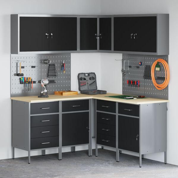 vidaXL 12 Piece Work Cabinet and Pegboard Set Black MDF and Metal